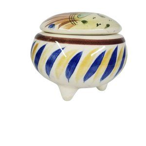 Mexican Folk Art Pottery Trinket Dish  Jar Round With Lid Tonala Blue Bird Feet